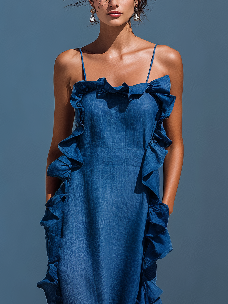 Maxi Dresses for Women in Mixed Linen Fabric in Blue with Spaghetti Straps and Ruffled Edges MDZ2407D1T
