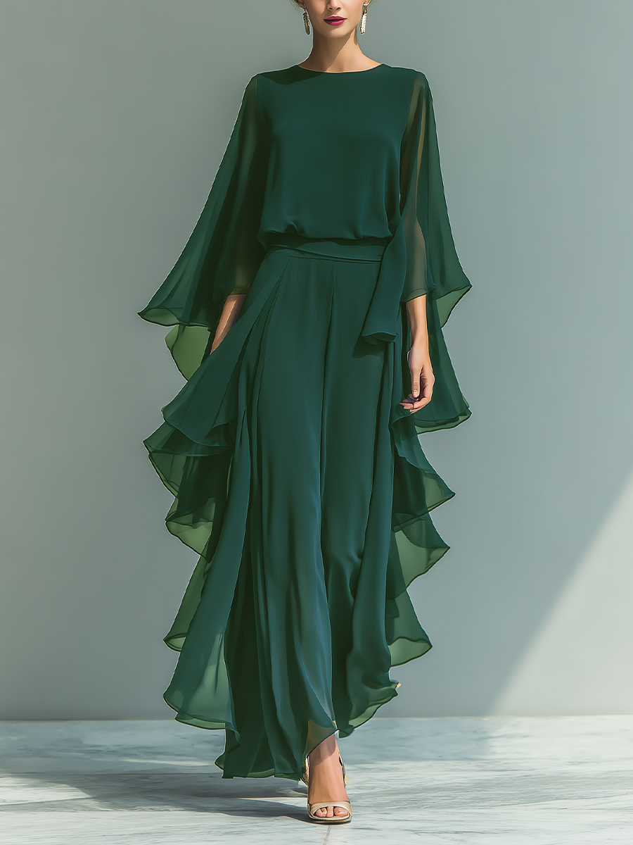 Navy Blue Chiffon Women's Top with Flared Sleeves and Straight Pants with Pleated Details MDZ2218A5T
