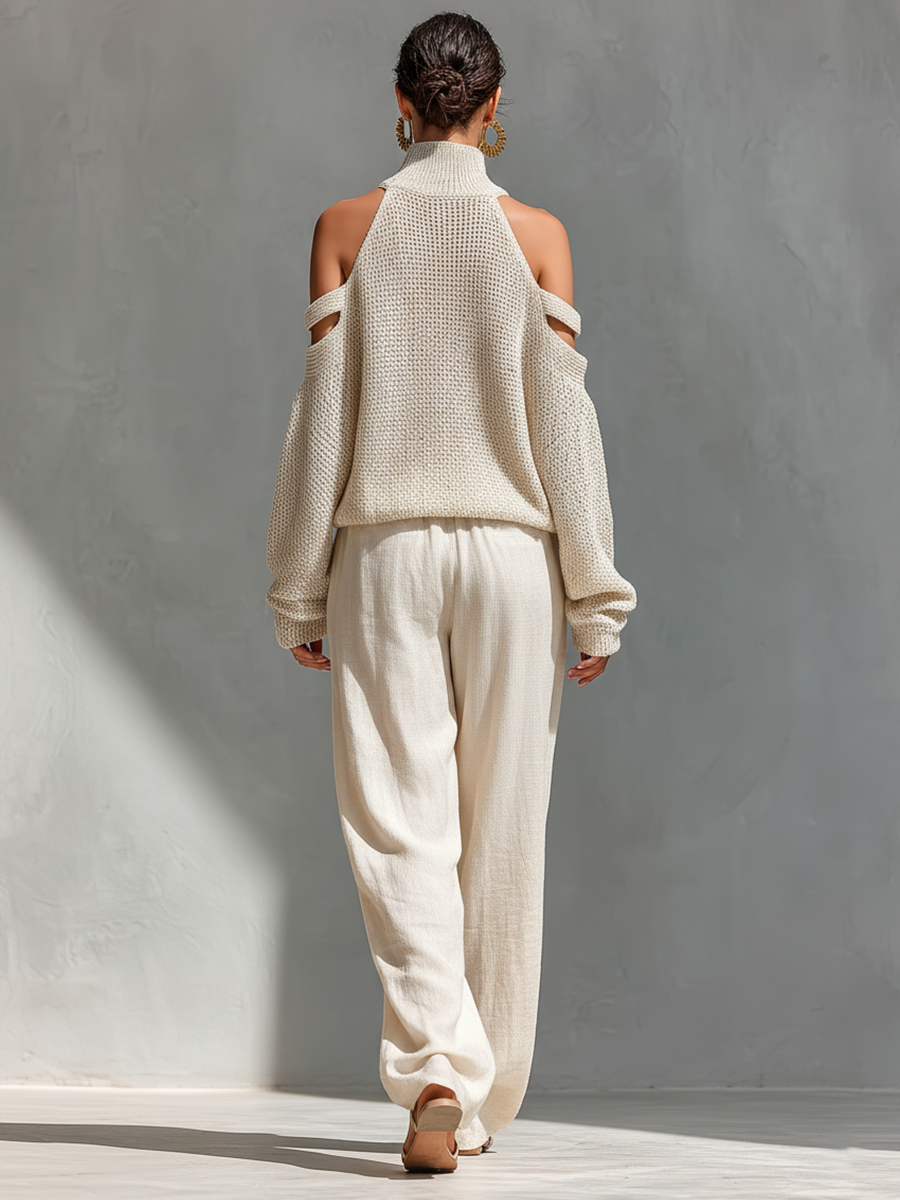 High Neck Top Set with Cold Straps in Beige Cotton and Wide Pants