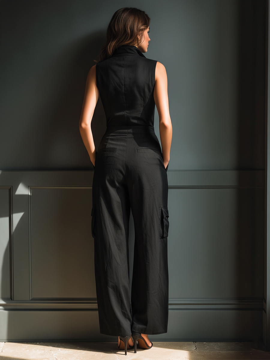 Sleeveless Rubber Jumpsuit for Women in Black with Cargo Pockets MDZ0908A3T