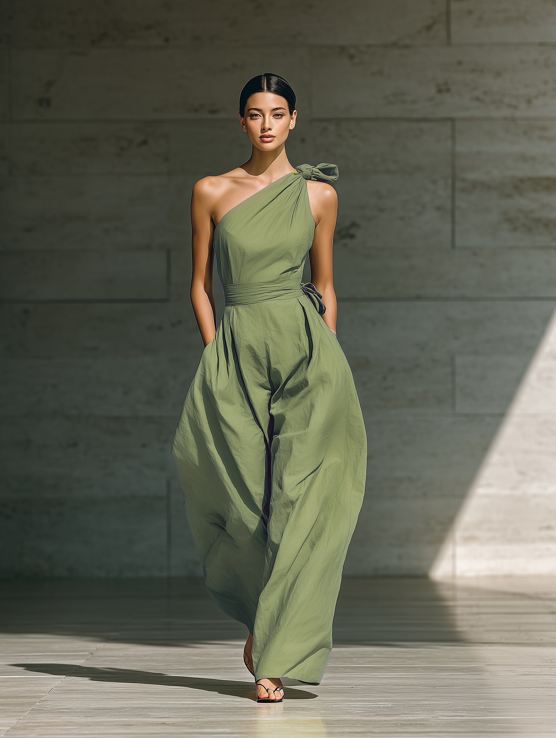 One-Strap Wide-Leg Jumpsuit in Light Green for Women with Tied Waist MDZ3136A8T