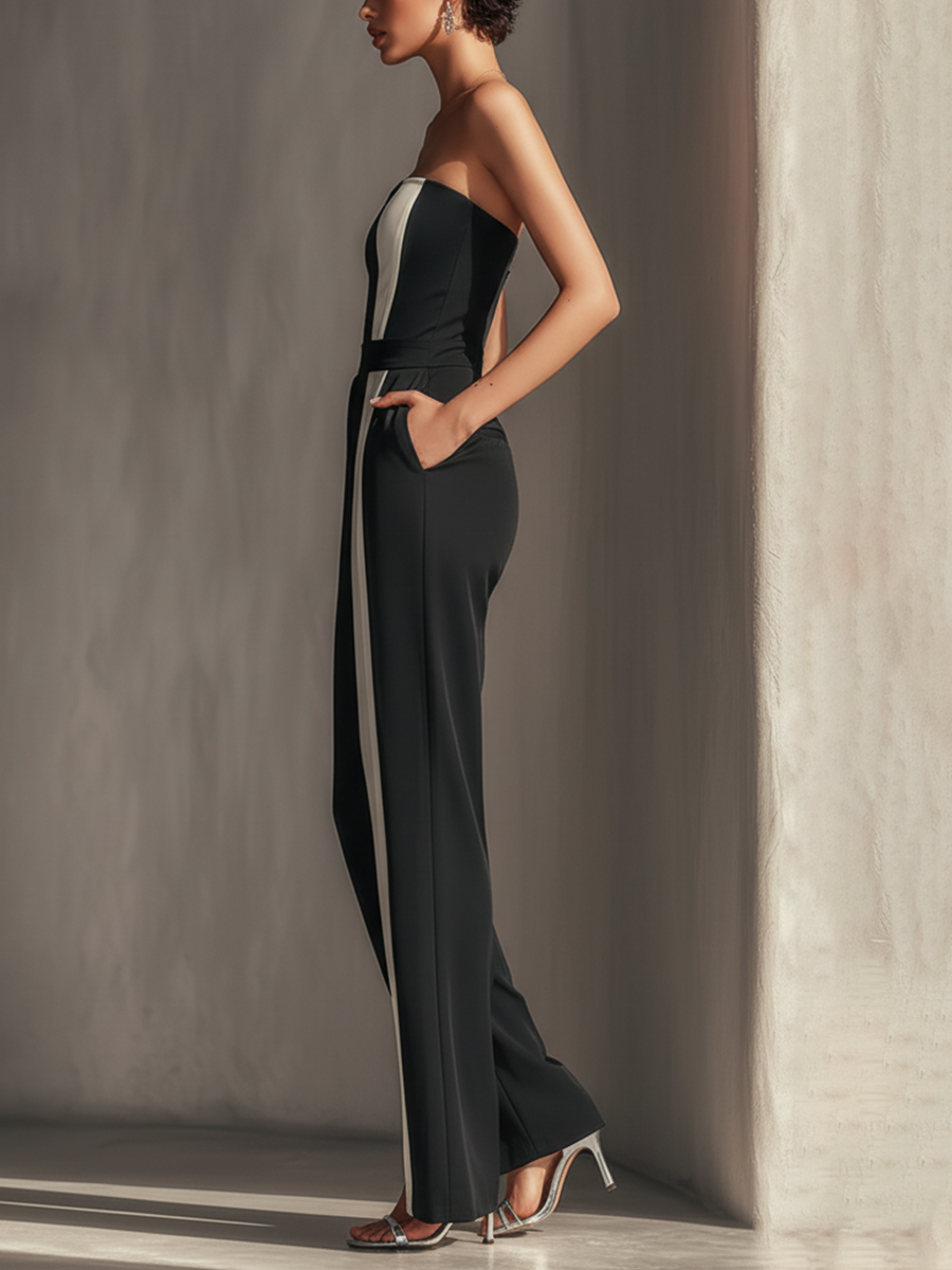 Strapless Women's Jumpsuit in Black with Contrasting White Vertical Stripes and Side Pockets MDZ0336C7T