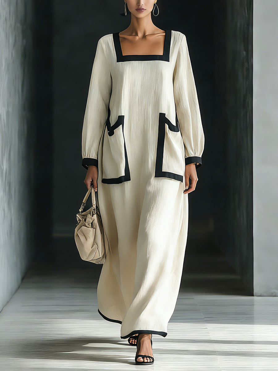 Women's Maxi Dress in Beige Made of Cotton and Linen Blend with Square Neckline, Black Finish, and Large Pockets MDZ1507A0T