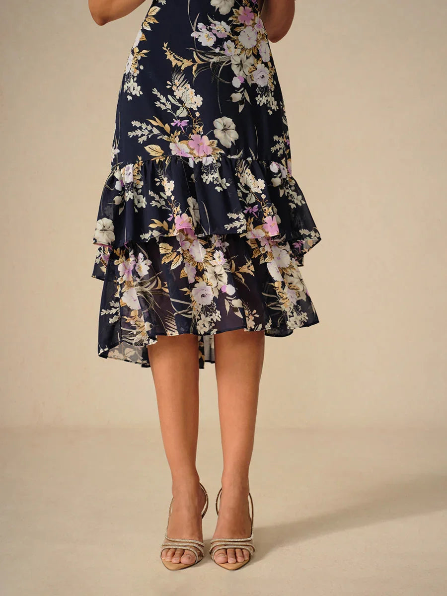 Floral Mid-Length Chiffon Dress with V-Neck and Zippers