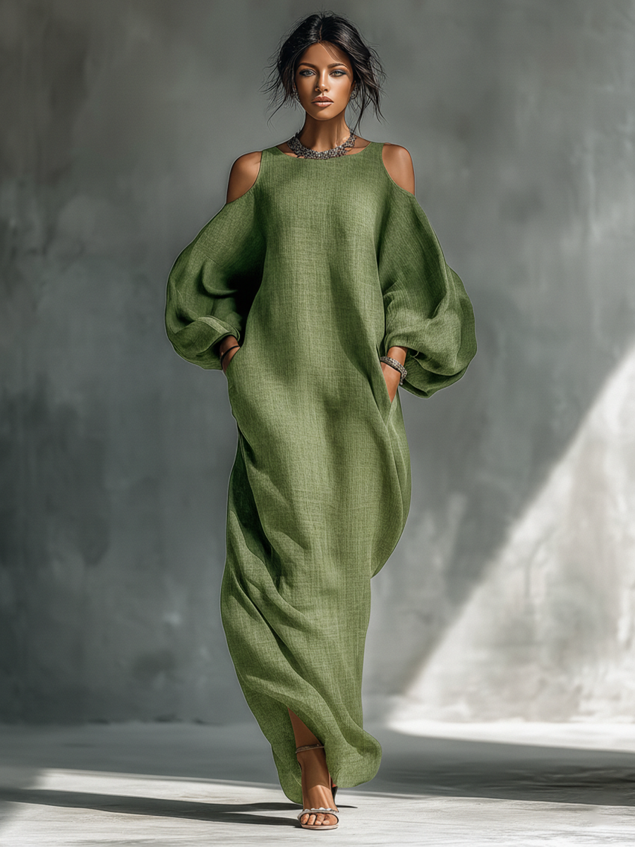 Light Green Maxi Dresses for Women with Off-Shoulder Design, Large Puff Sleeves, and Side Pockets MDZ1004B7T