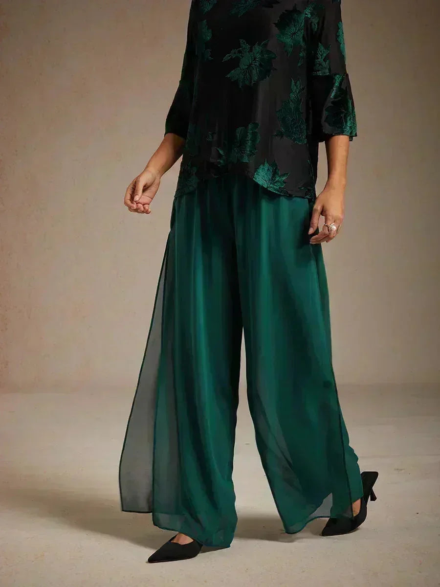 Straight Leg Pants with Chiffon Layer and Cut