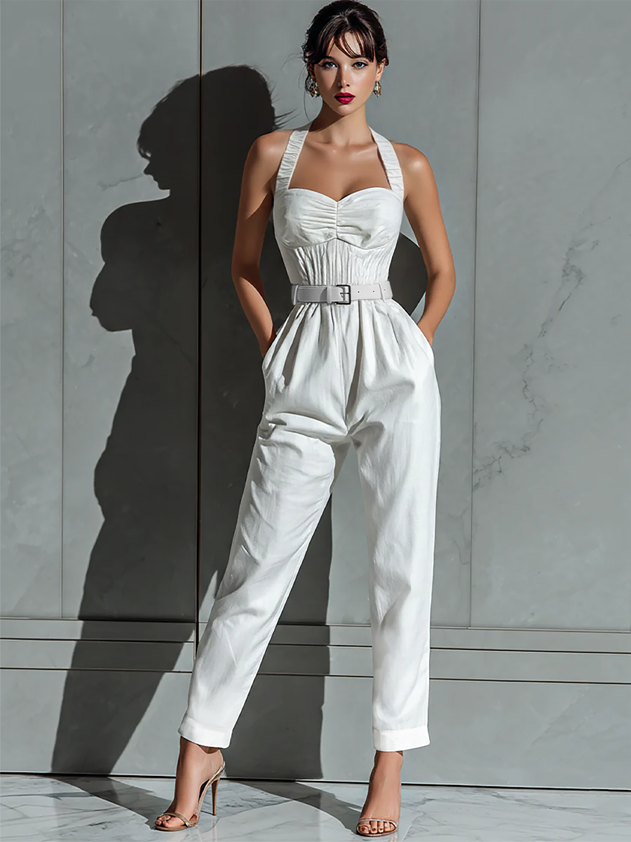Women's Ivory Suit with Wide Legs and Embellished Waist MDZ0674B7T