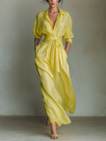 Cotton and Linen Maxi Dresses in Lemon Yellow for Women with Tie Belt and Half Sleeves MDZ2884A4T