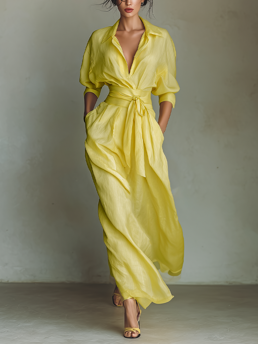 Cotton and Linen Maxi Dresses in Lemon Yellow for Women with Tie Belt and Half Sleeves MDZ2884A4T