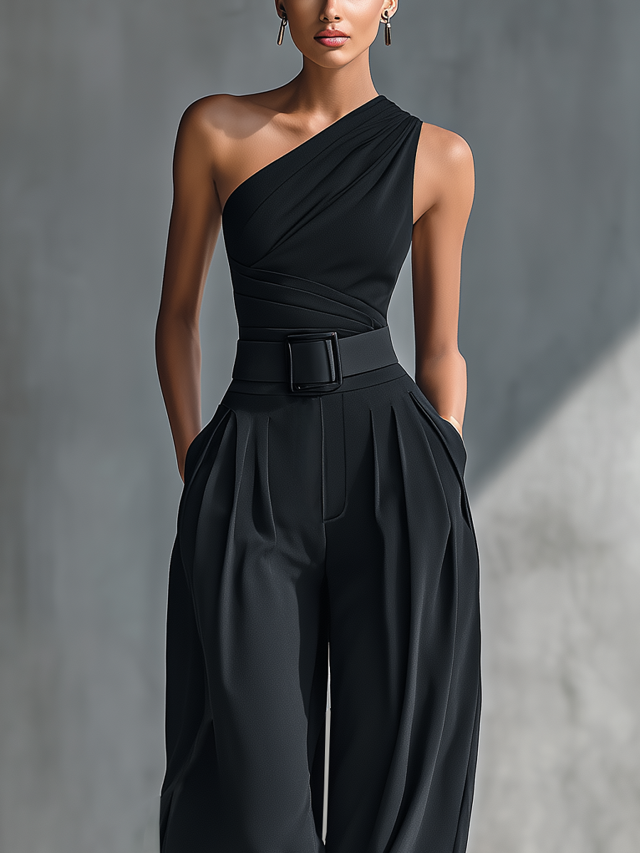 Black Crocheted Top for Women with High Elasticity and Wide Linen Pants MDZ1068B3T