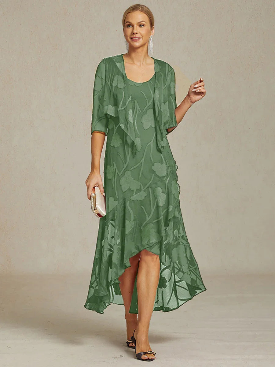 Sleeveless Evening Dresses in Floral Chiffon with Asymmetrical Hem