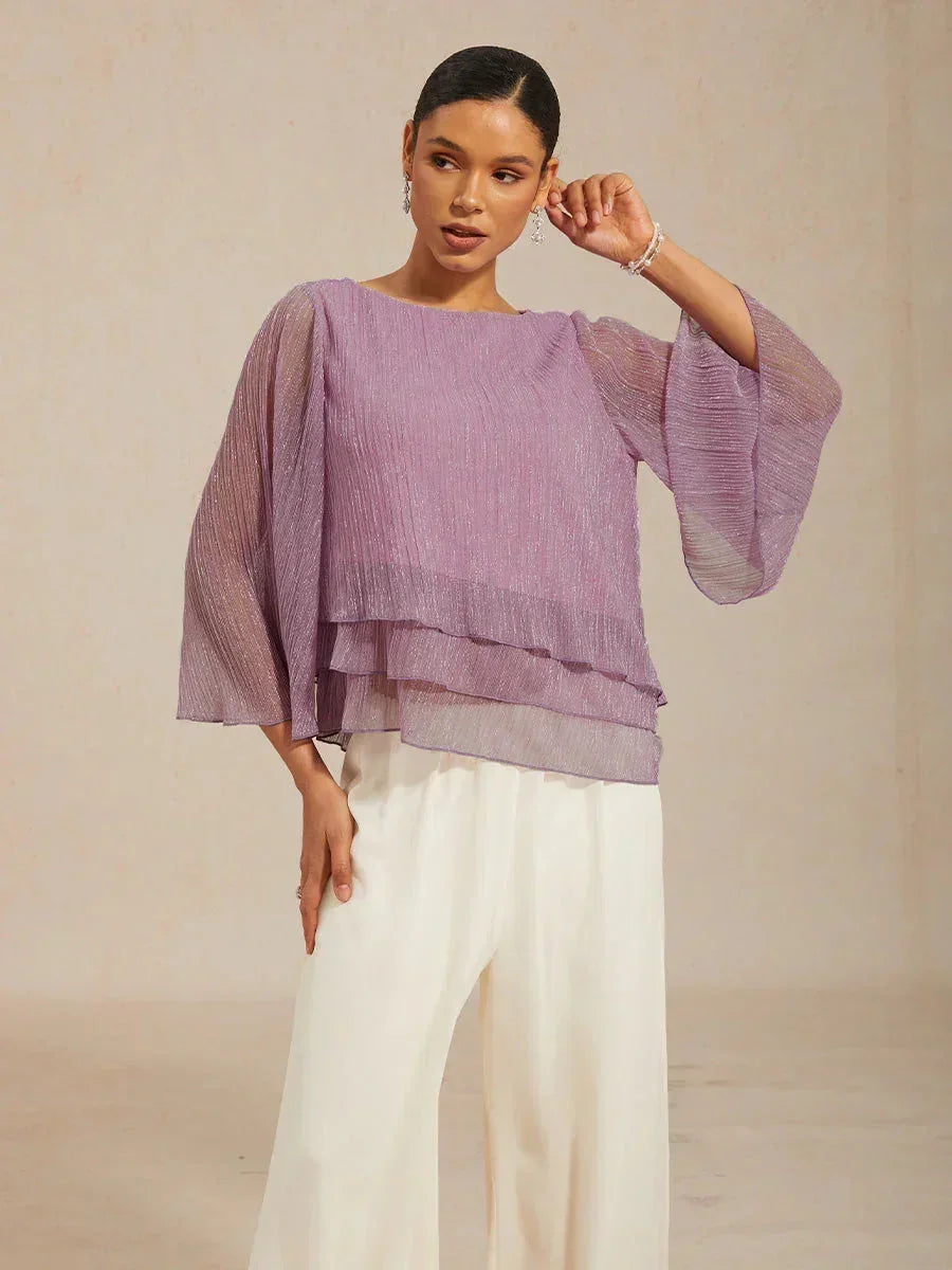 Asymmetrical Layered Shirt in Crinkled Metallic Chiffon