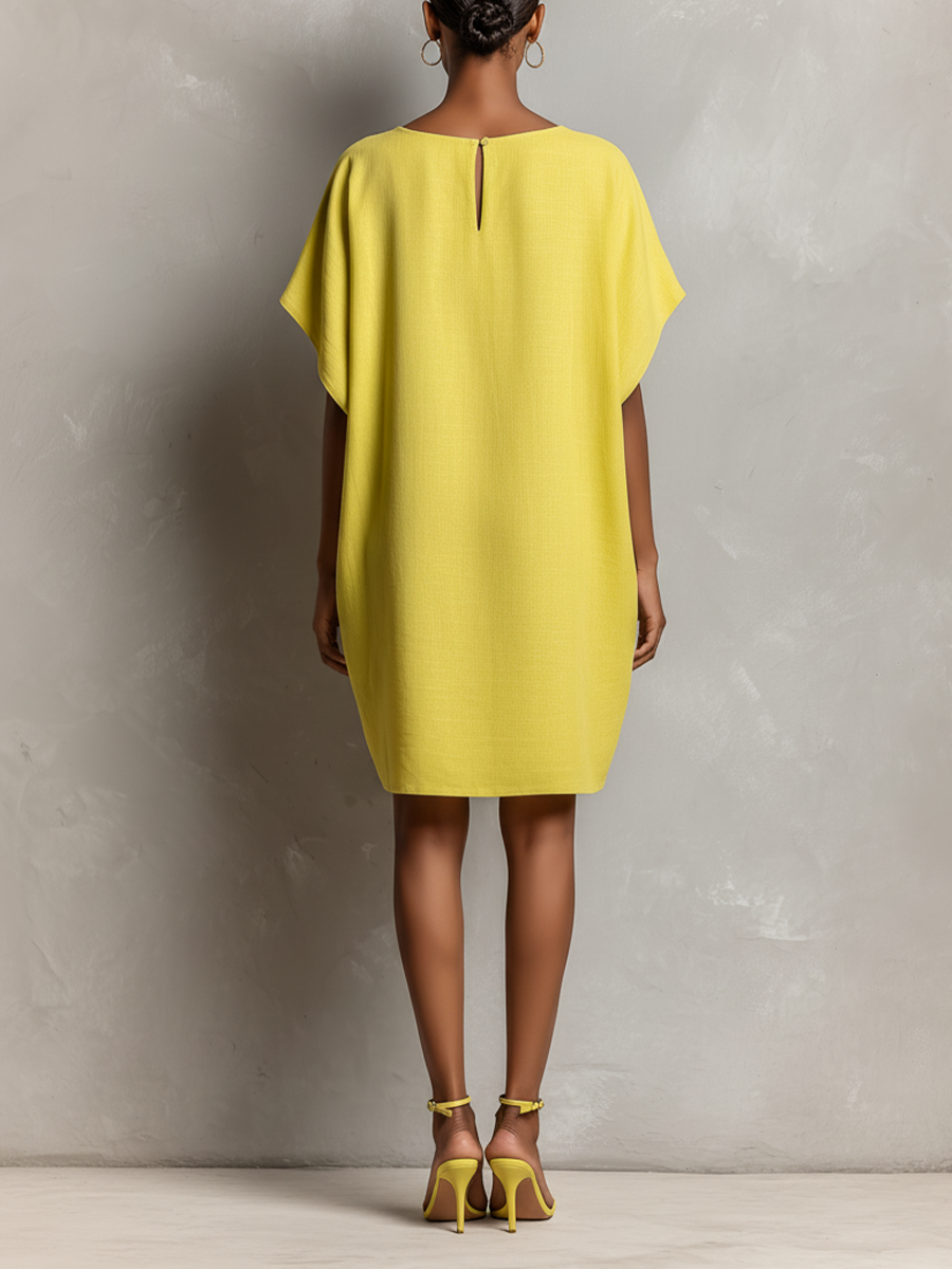 Women's Shift Dress in Lime Yellow with Batwing Sleeves and Pockets MDZ2671C3T