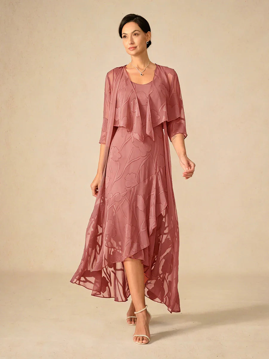 Sleeveless Evening Dress in Floral Chiffon with Asymmetrical Hem