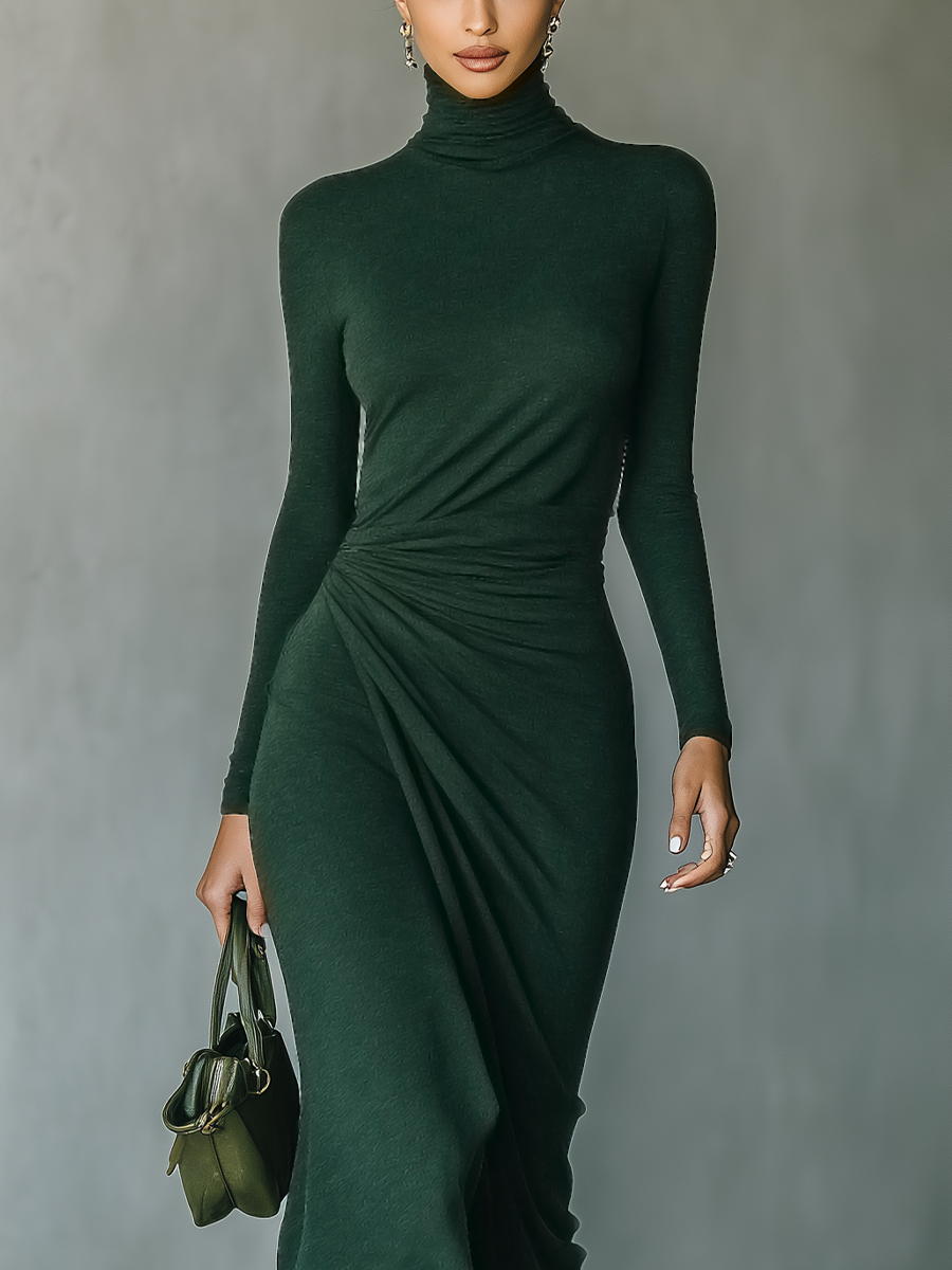Dark Green Midi Dresses for Women with High Stretch in Sweater Style with High Collar MDA2023J2T