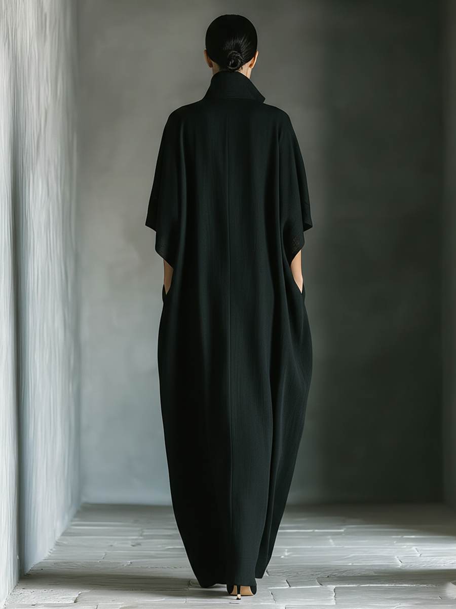 Maxi Dress with Wide Kimono Sleeves for Women in Black Cotton Fabric with Pockets MDZ0577A3T