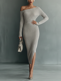 Gray Knitted Dresses for Women with One Shoulder MDA0233I9T