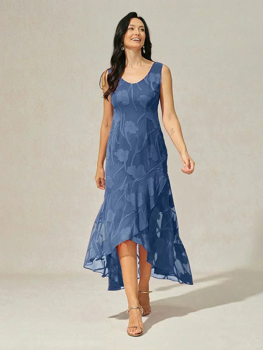 Sleeveless Evening Dresses in Floral Chiffon with Asymmetrical Hem