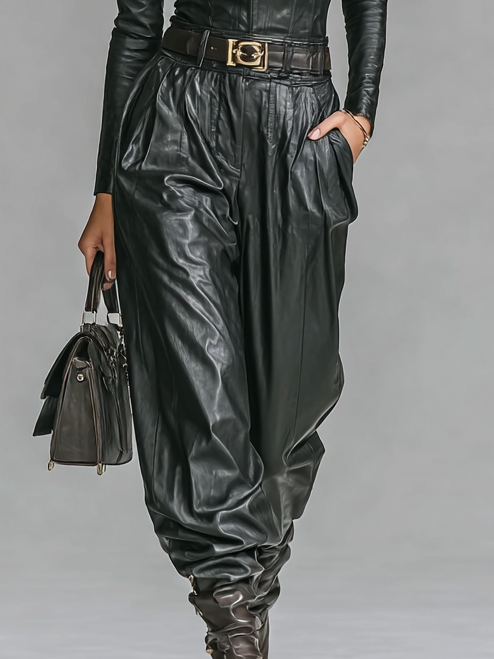 Women’s PU Leather Top and Pants Set with Zipper and Collar (No Belt) MDA2743H0Y