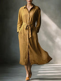 Refined Linen Blend Button Dresses for Women - Mustard Belted Mini Dress MDA1800I6I