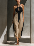 Black and Beige Midi Women's Dress with Halter Neck, Keyhole Cut and Color Application MDZ1027C7T
