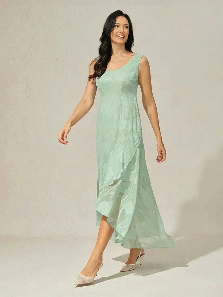 Sleeveless Floral Silk Evening Dresses with Asymmetrical Hem