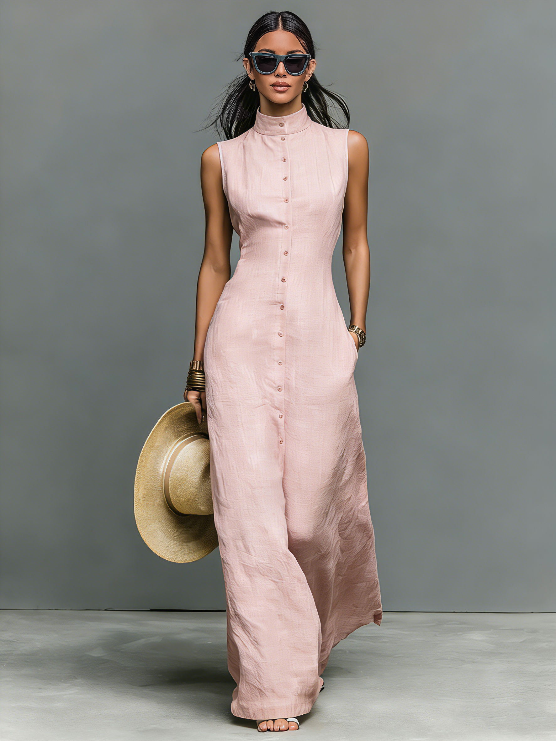 Maxi Dresses for Women in Minimalist Style with Stand Collar and One Closure MDZ1049C1Y