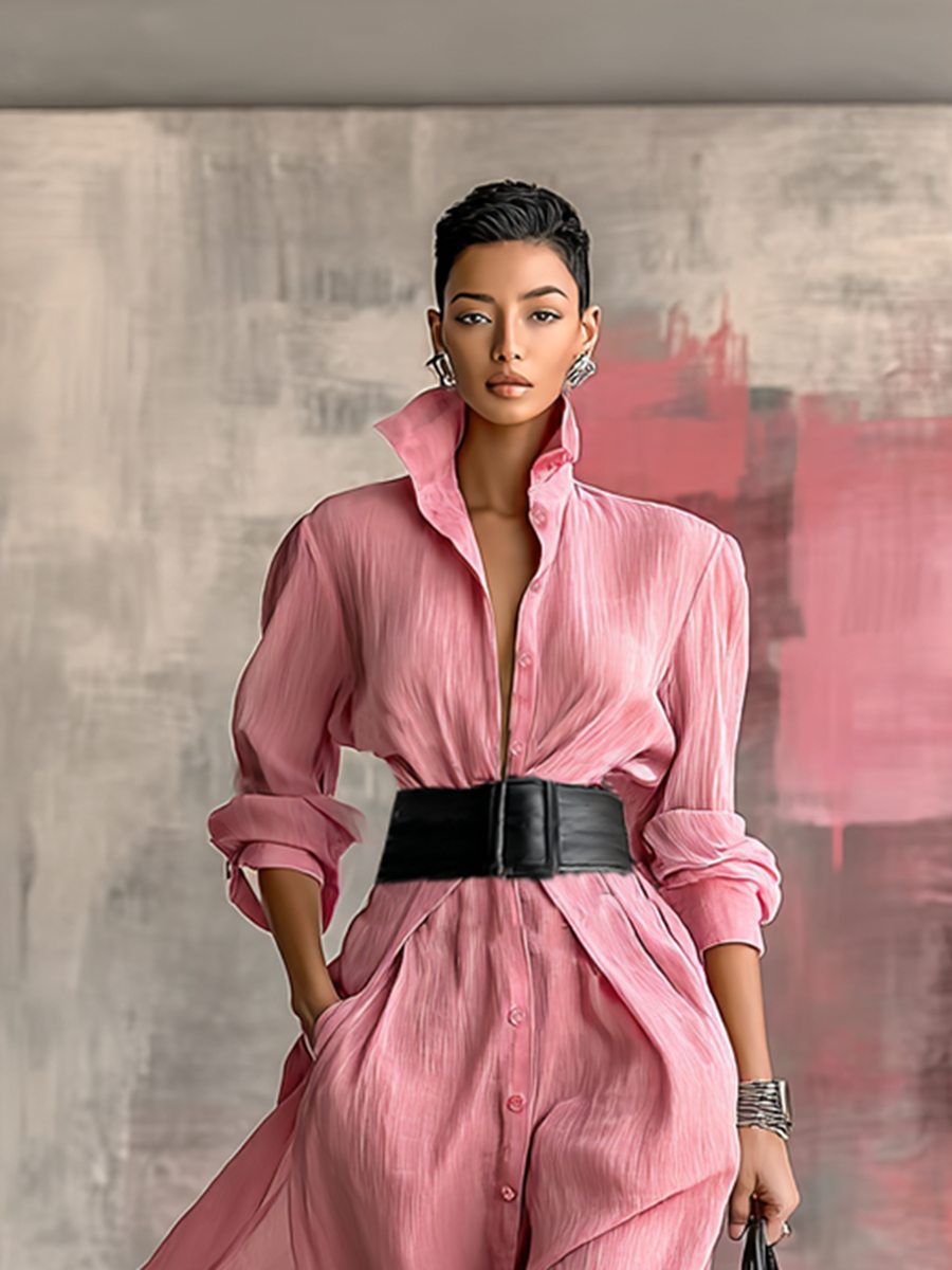 Solid Color Maxi Dresses with Collar and Long Sleeves for Women MDA0917G0Y