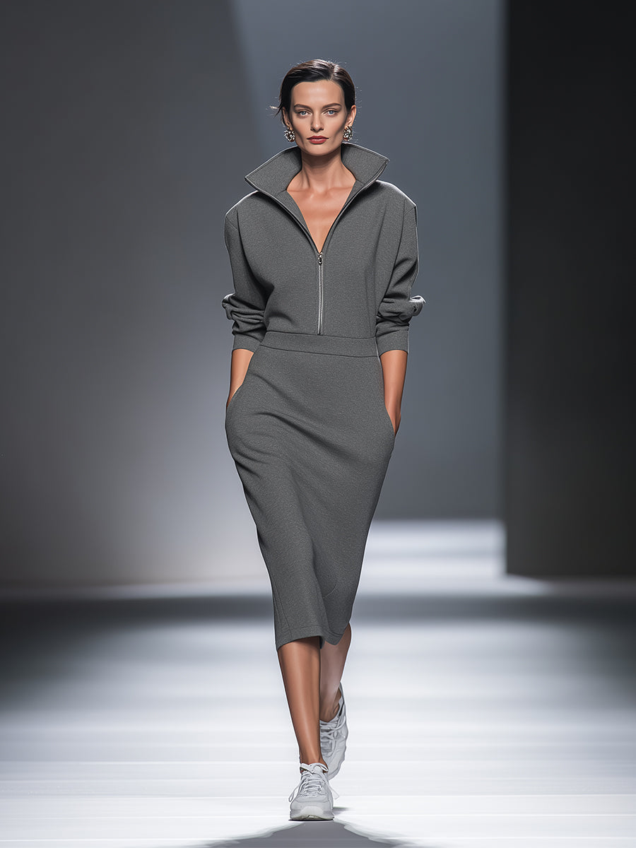 Casual Midi Dresses for Women with Half Zipper MDA0570H1I
