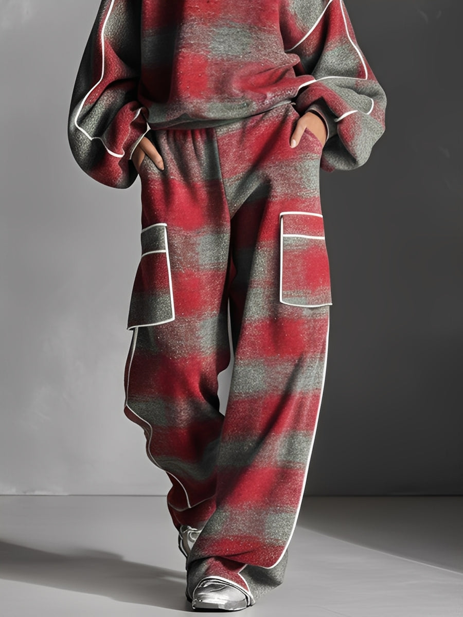 Women's Street Style Pants Set with Colorful Piping in Red and Gray with Linen MDA1065K4I