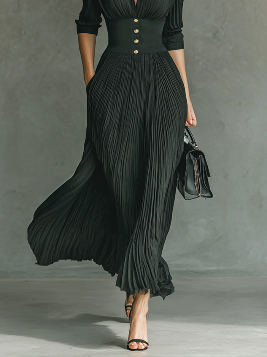 Solid Color Maxi Dresses for Women with Pleats, Collar, Long Sleeve
