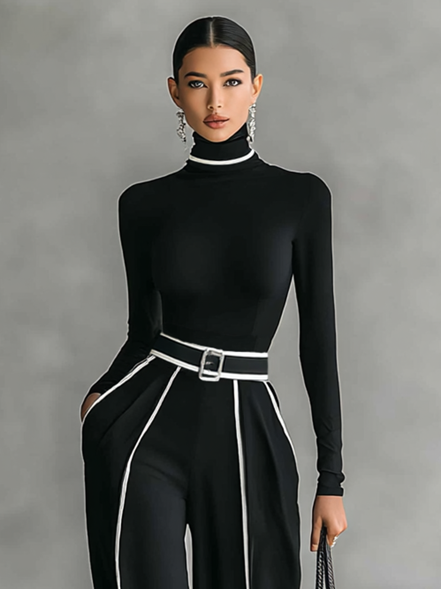Two-Piece Set for Women with High Neck, Long Sleeves, Wide Pants, and Belt