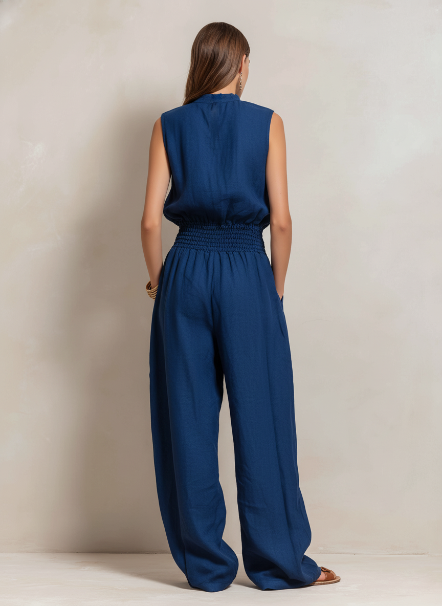 Elegant Women's Bodysuit in Dark Blue Made of Cotton-Linen Blend, Sleeveless with Round Collar MDZ2068C2AN