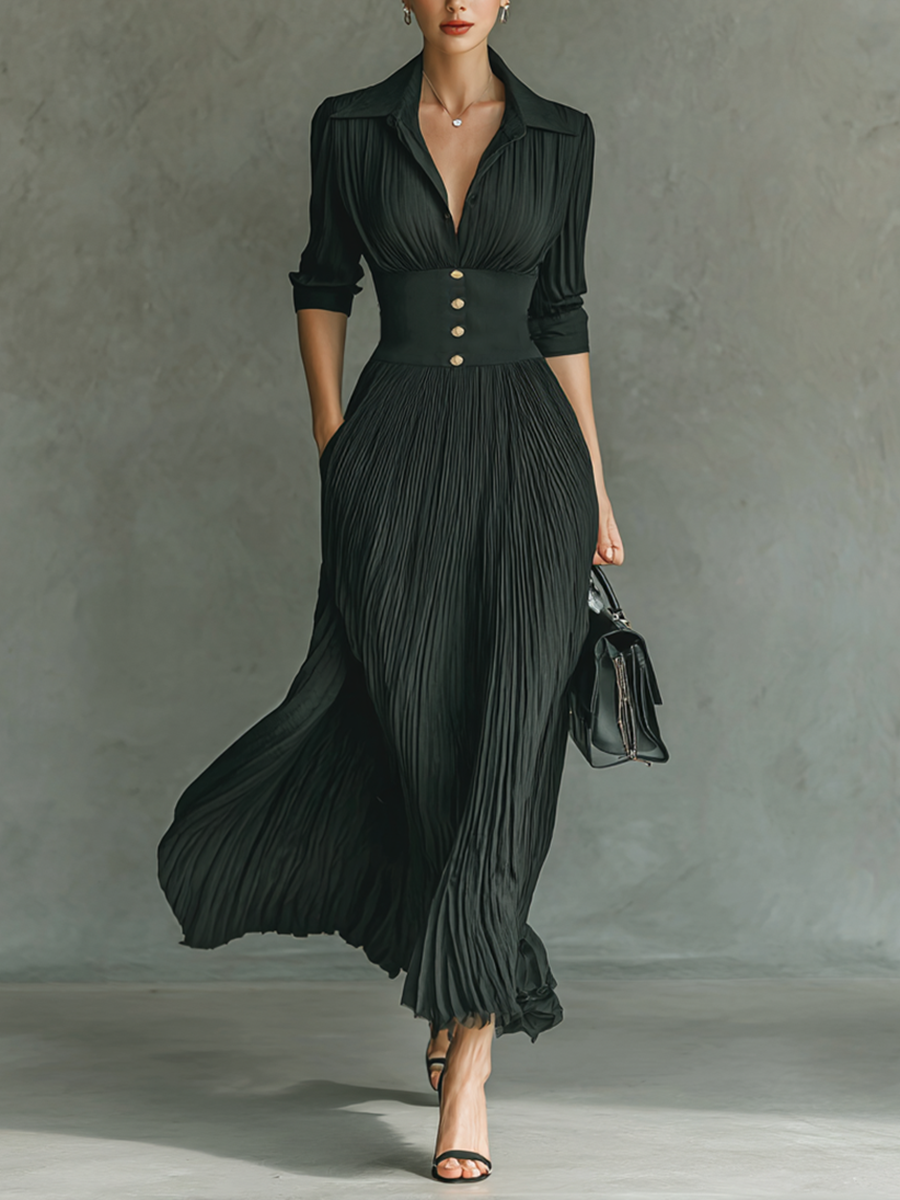 Long Maxi Dresses with Long Sleeves, Ruffled Collar, and Pleats