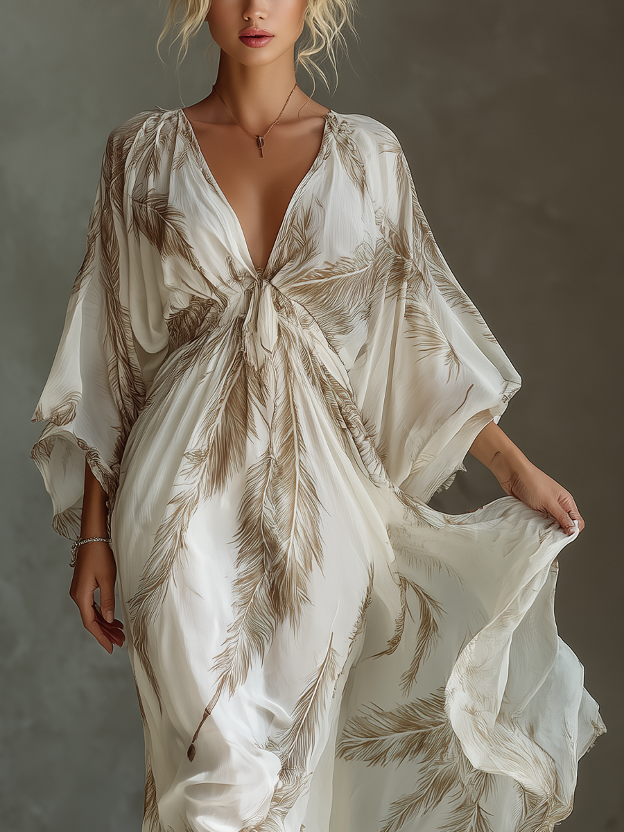 Women's Maxi Dress in Ivory and Taupe with Dolman Sleeves, Twisted Front, and Palm Leaf Print MDZ0332B6T