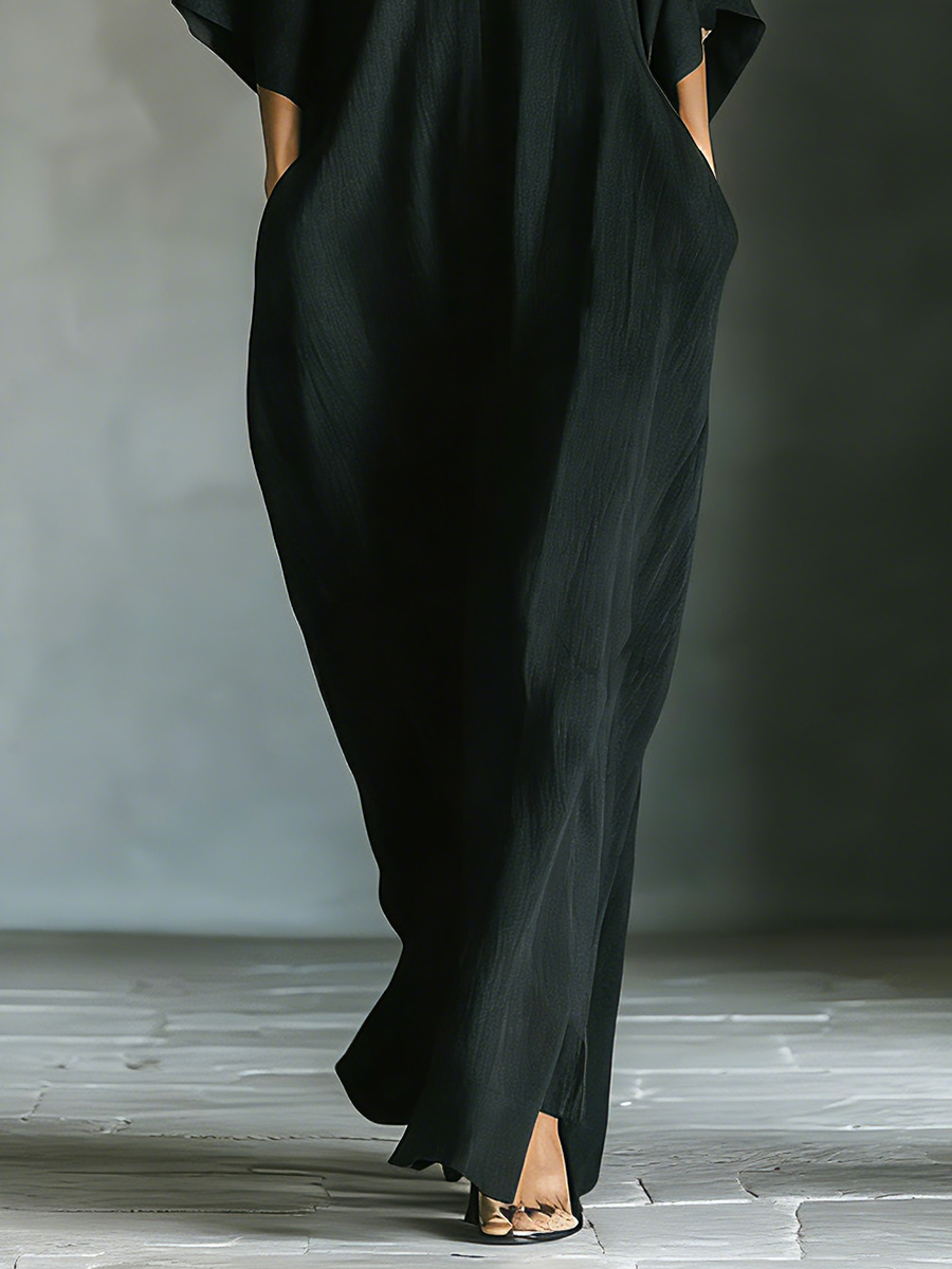 Maxi Dress with Wide Kimono Sleeves for Women in Black Cotton Fabric with Pockets MDZ0577A3T
