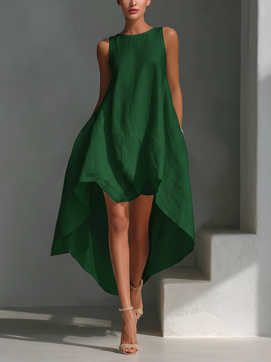 White Linen Sleeveless Midi Dresses for Women with Round Neck and Asymmetrical Skirt MDZ0987B9T