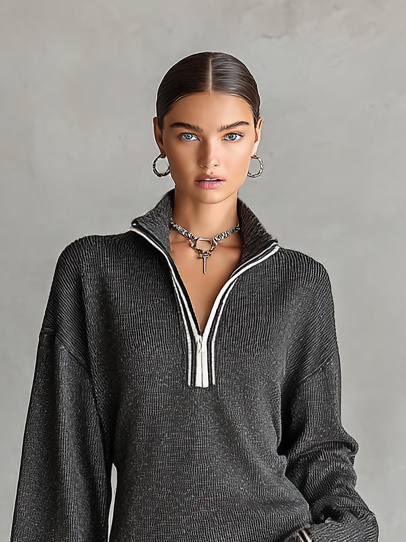 Soft Knit Mini Dress with Polo Collar and Zipper