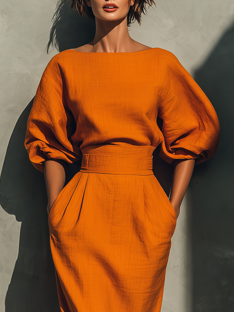 Medium Sleeve Top Set with Midi Skirt for Women in Orange