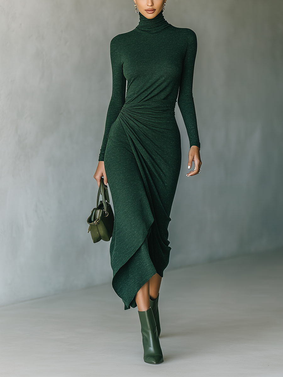 Dark Green Midi Dresses for Women with High Stretch in Sweater Style with High Collar MDA2023J2T