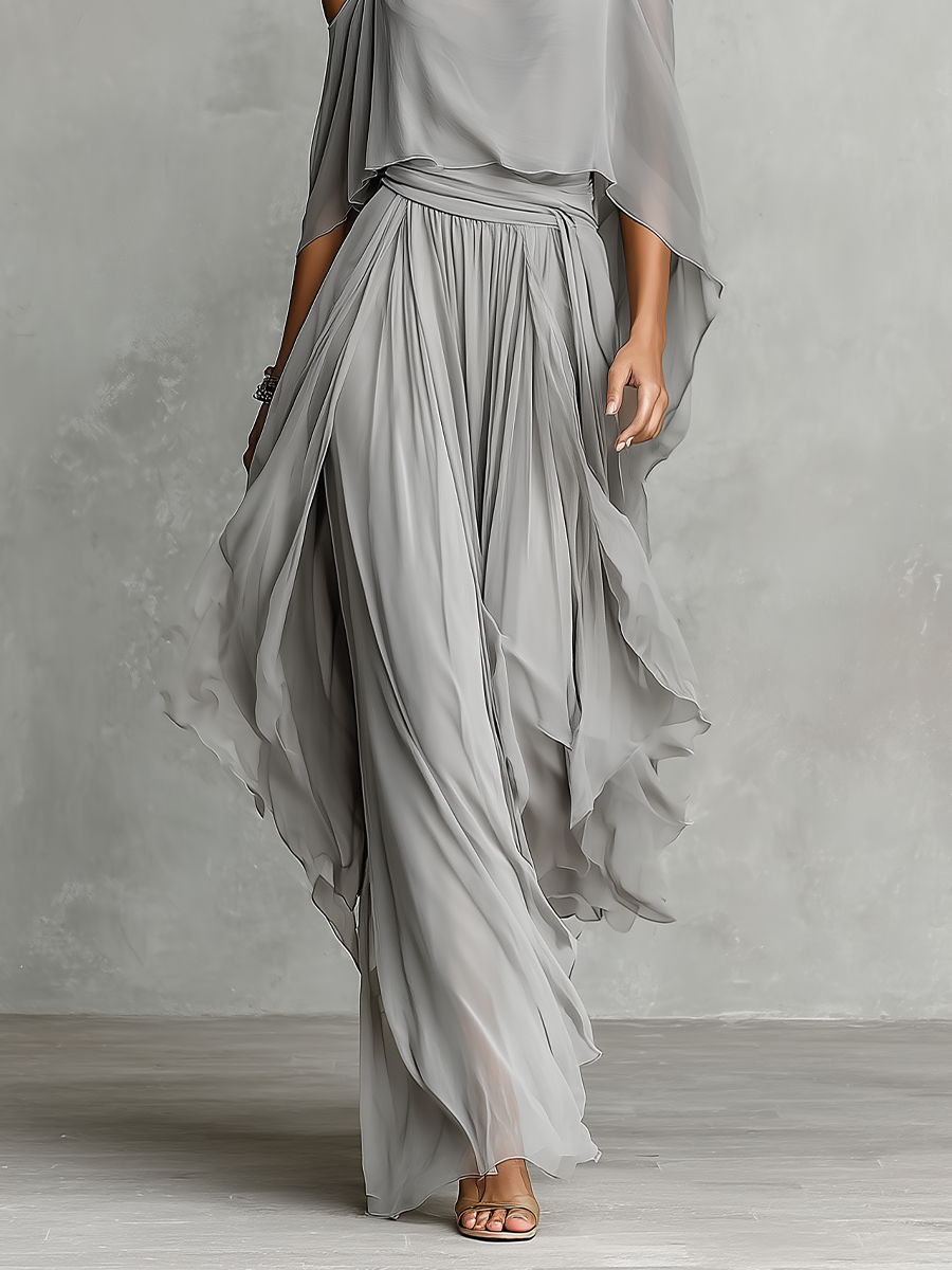 Gray chiffon set for women with cold shoulder details and an A-line silhouette, luxurious modern-feminine style MDZ2651B6I