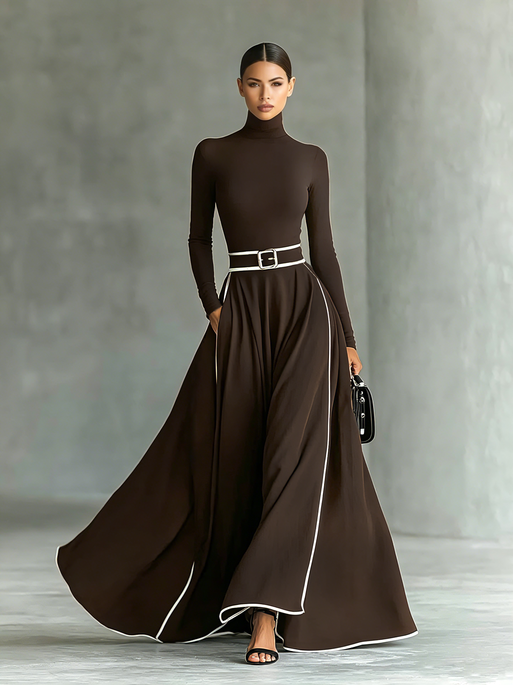 Black Maxi Dresses for Women with White Stitching, High Collar, Long Sleeves, Fitted Belt MDA1031G0Y