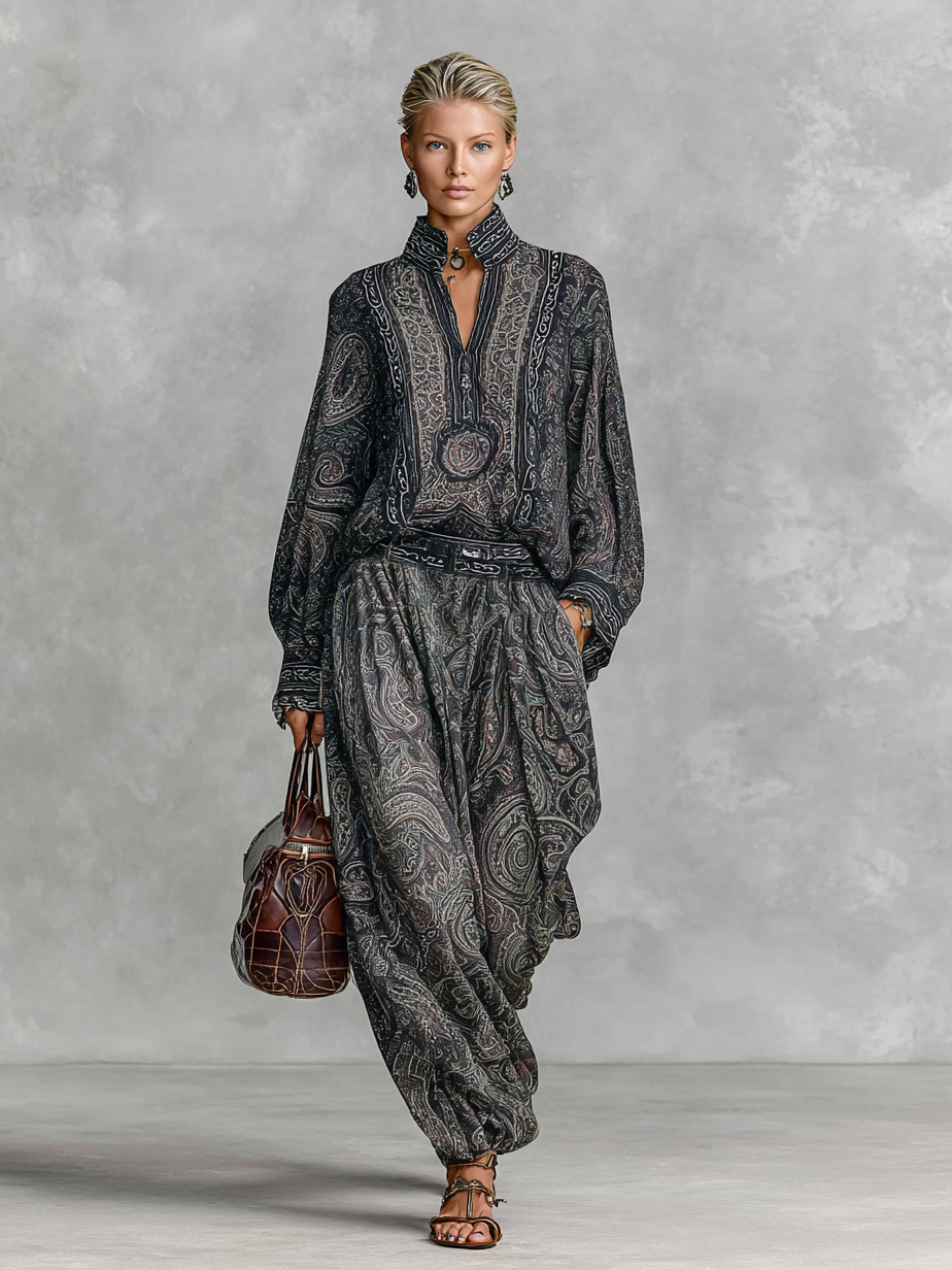 Shirt and Pants Set with Stand Collar, Long Sleeves, and Vintage Paisley Print for Women MDA2558G3Y