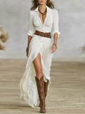 Women's Maxi Dress in Imitation Cotton and Linen Fabric with Triangular Collar and Long Sleeves MDA1968G0Y