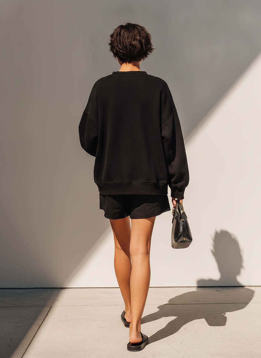 Black Cotton Set for Women with Oversized Long Sleeve Sweatshirt and Casual Loose Shorts, Modern and Comfortable Daily Outfit
