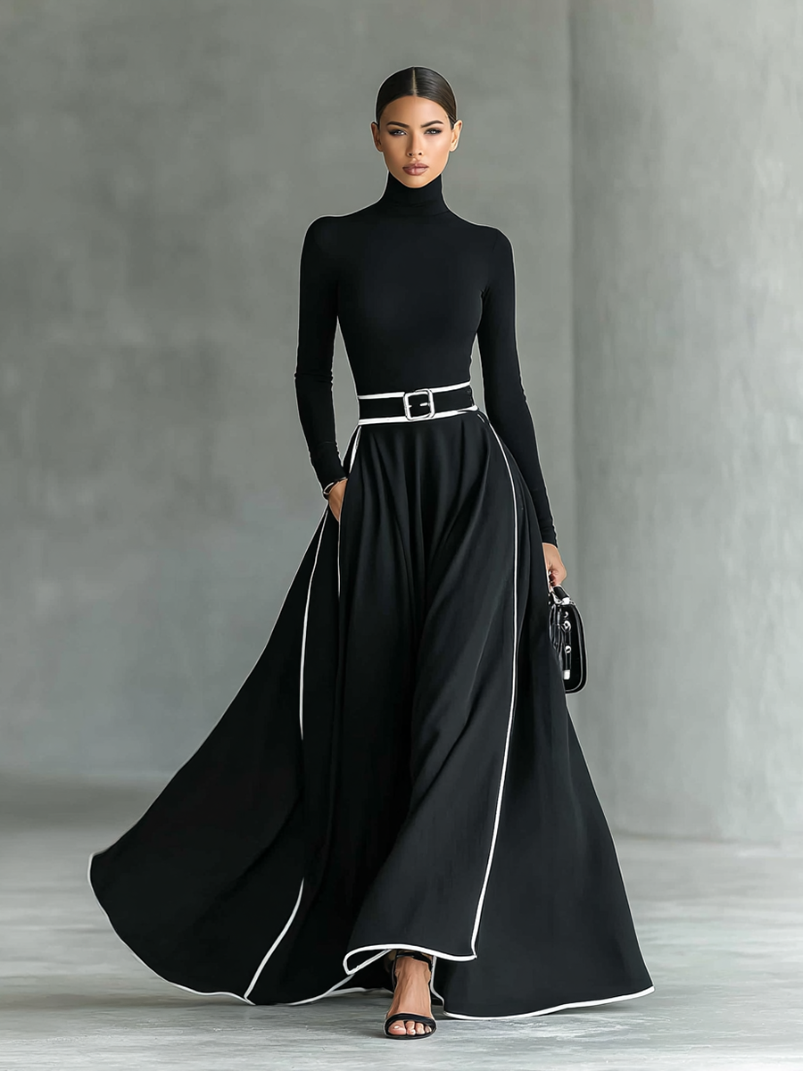 Black Maxi Dresses for Women with White Stitching, High Collar, Long Sleeves, Fitted Belt MDA1031G0Y