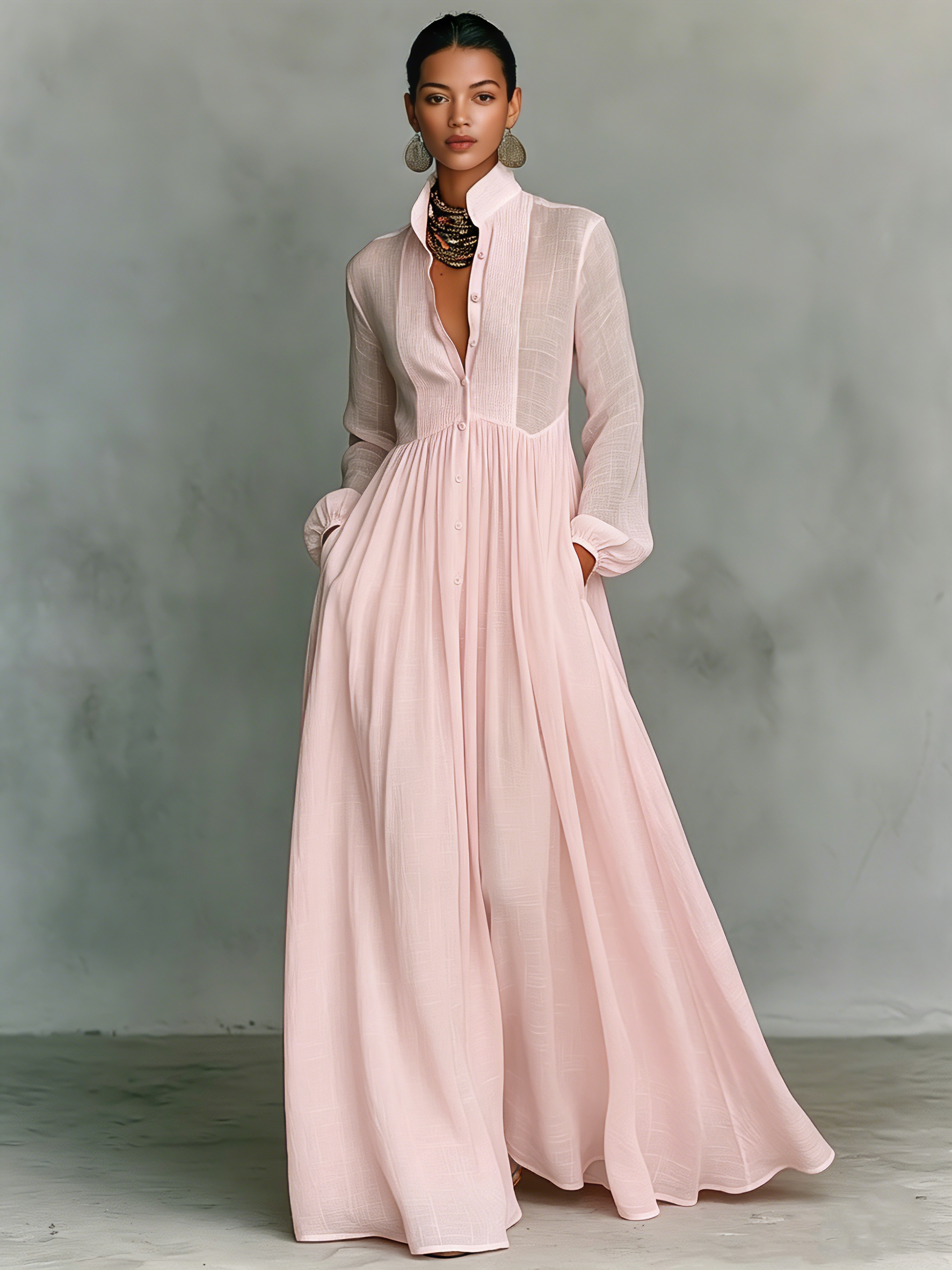 Minimalist Maxi Dresses for Women in Cotton and White with Patchwork, One Button, Stand Collar, and Long Sleeves MDA0658K6Y