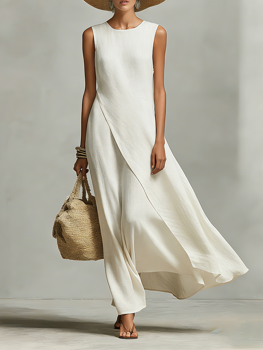 Women's Breathable Linen Dresses in Ivory with Sleeveless Details and Asymmetrical Hem, Modern Casual-Feminine Style Dress MDZ0408C2I