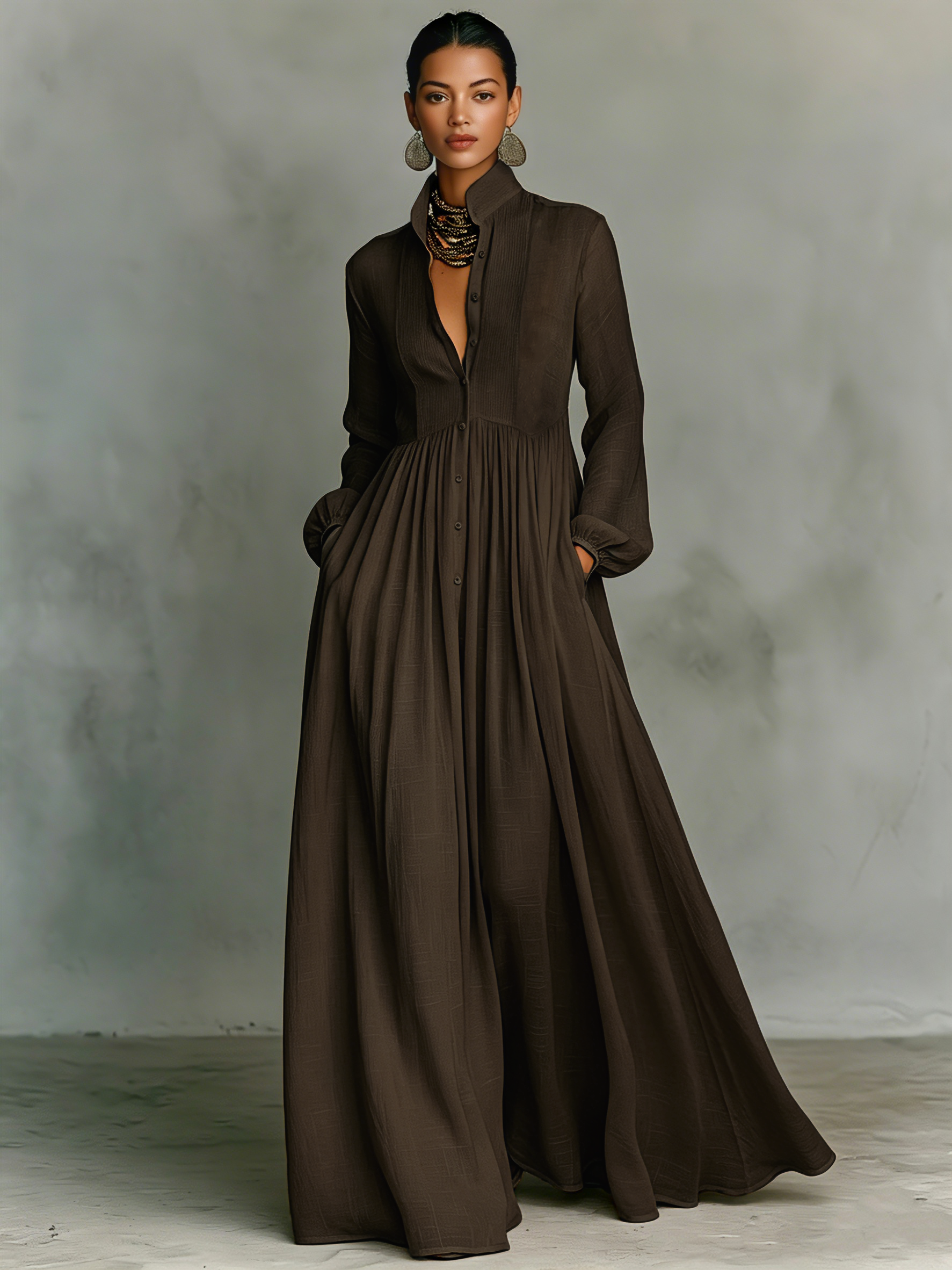 Minimalist Maxi Dresses for Women in Cotton and White with Patchwork, One Button, Stand Collar, and Long Sleeves MDA0658K6Y