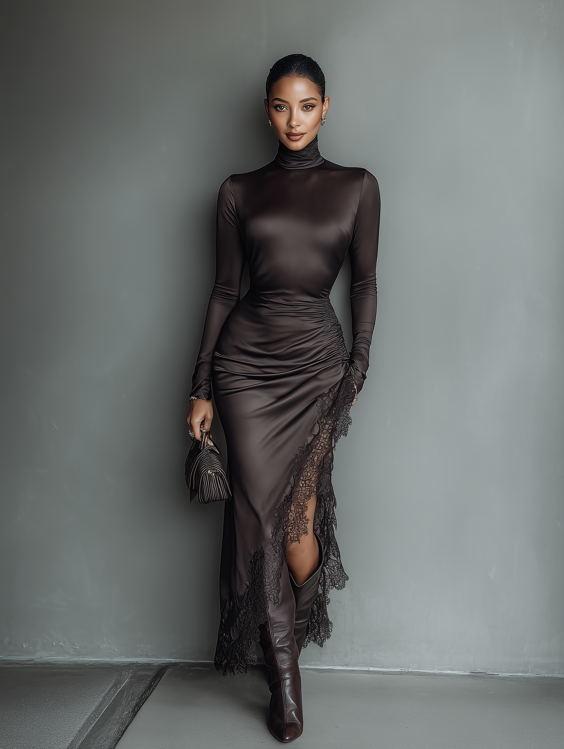 Maxi Dresses with Asymmetrical Skirt, Shiny Model, Dark Brown for Women MDA0501H1T